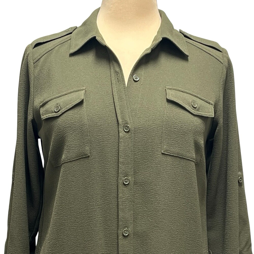 Linea by Louis Dell’Olio Oversized Shirt Dress XS Olive Green Crepe Gauze - Picture 3 of 11